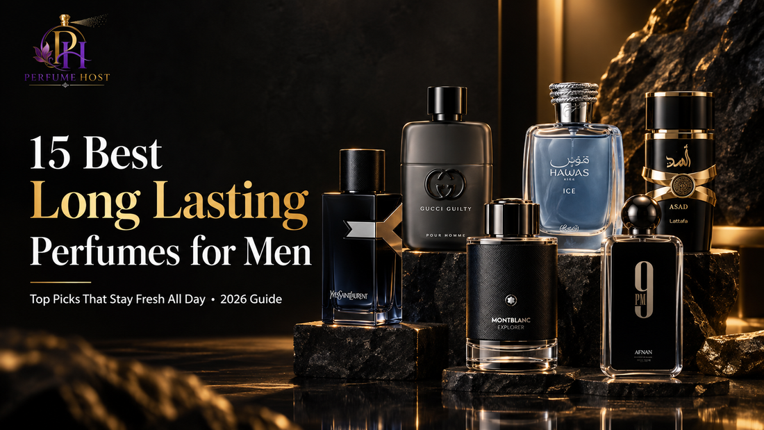 Best long lasting perfumes for men in India featuring YSL Y, Gucci Guilty, Rasasi Hawas Ice, Lattafa Asad, Montblanc Explorer, and Afnan 9PM by Perfume Host.