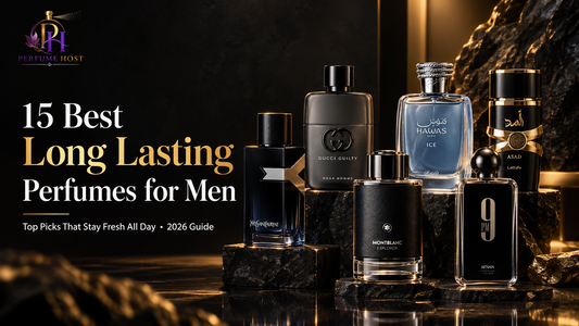 Best long lasting perfumes for men in India featuring YSL Y, Gucci Guilty, Rasasi Hawas Ice, Lattafa Asad, Montblanc Explorer, and Afnan 9PM by Perfume Host.